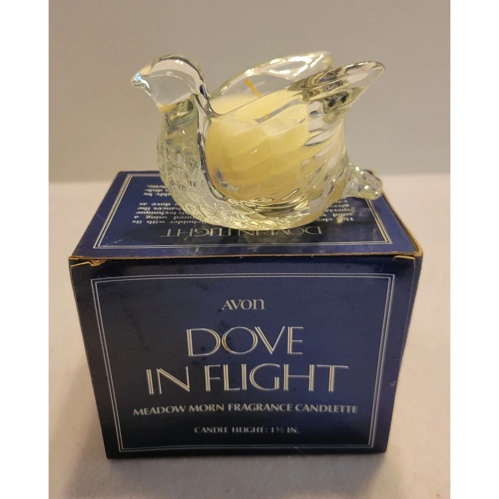 VTG Avon Candle Holder Dove In Flight Meadow Morn 1970s Collectible Glass w/ Box